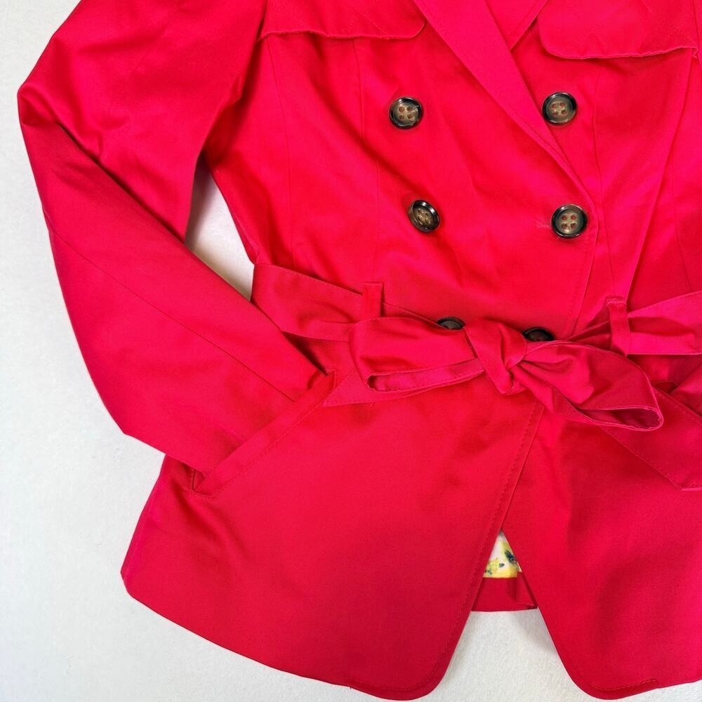 H&M Womens Red Short Trench Coat Jacket Size 2 Double Breasted Belted Waist Chic - Picture 11 of 14